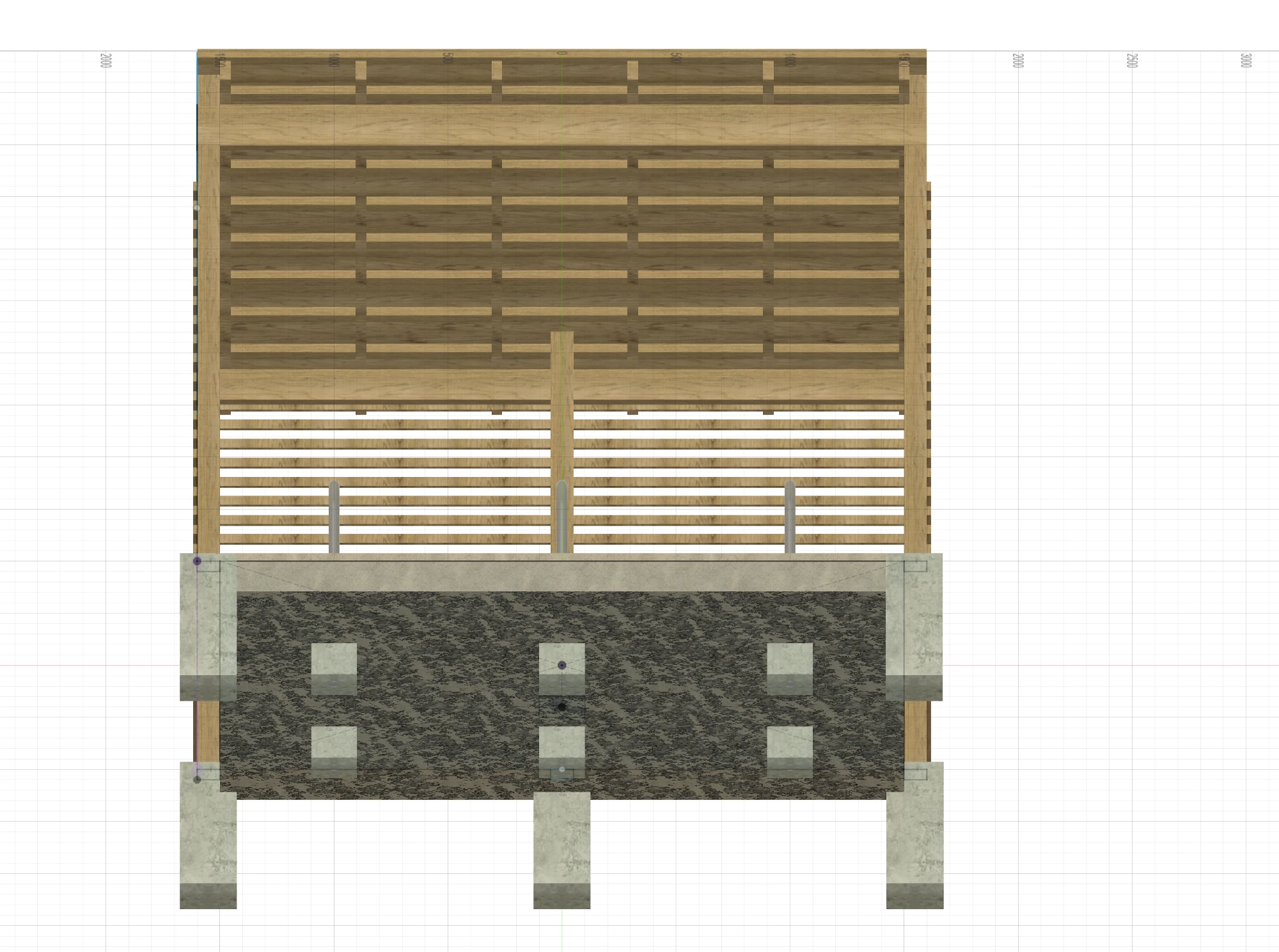 Render looking up from the front showing the roof structure and footing positions