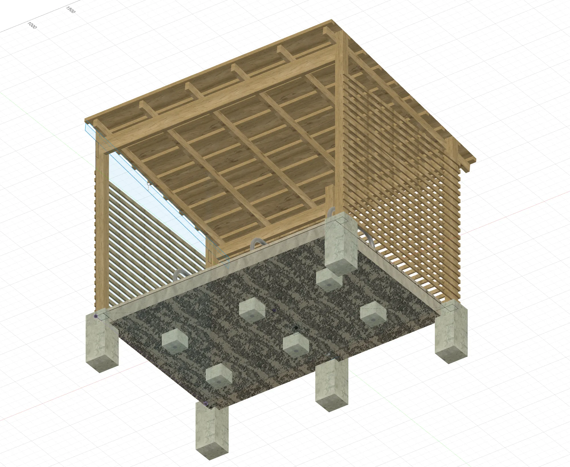 Render from below showing rafters, purlins, post footings and stand-leg pockets